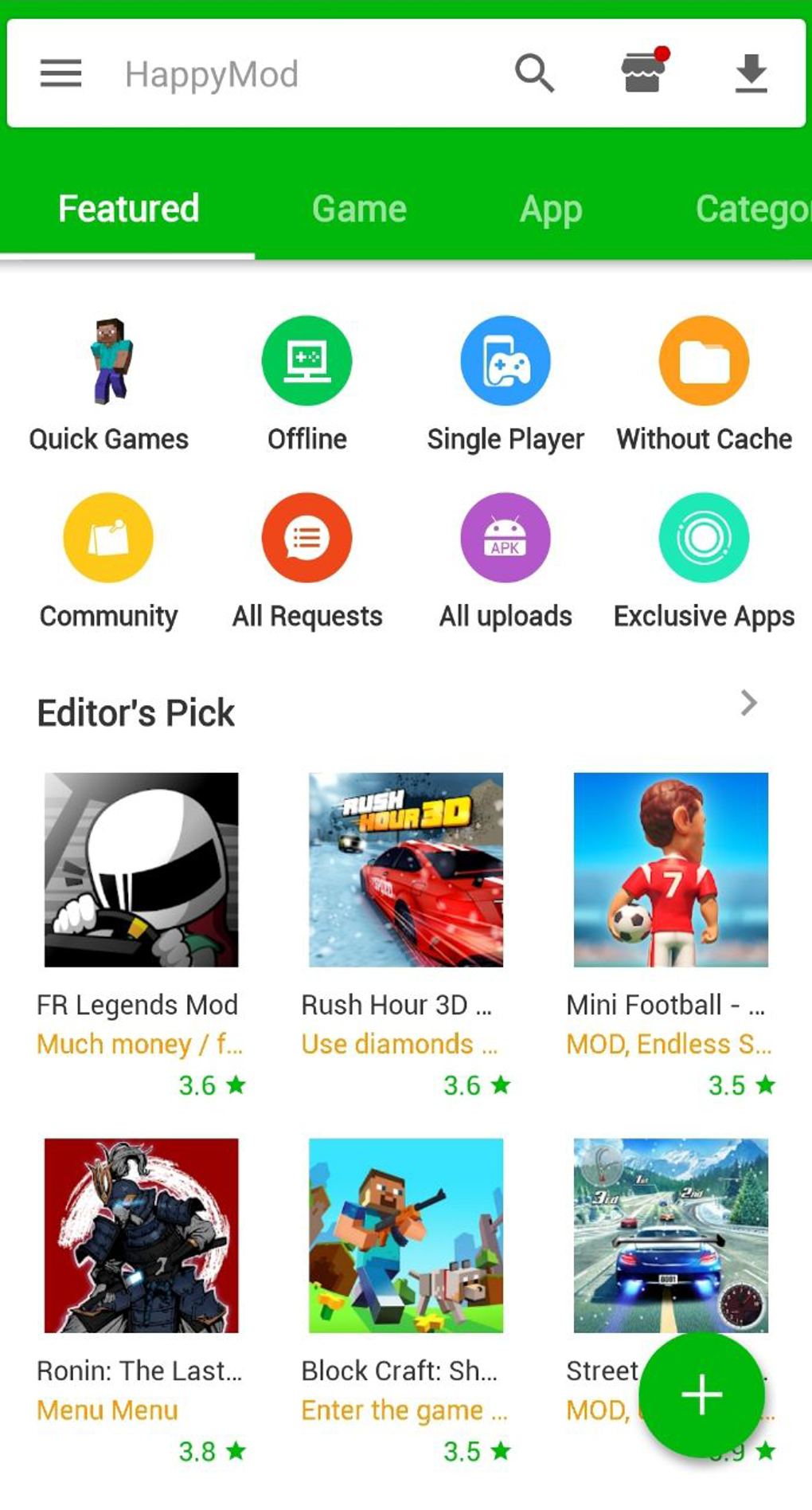 HappyMod APK featured categories and Android interface