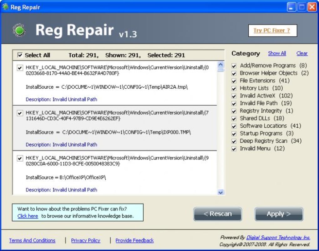 Selector 291. Window Registry Repair. 3reg.