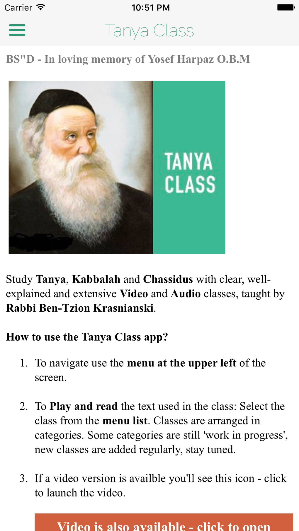 Tanya Class Rabbi Krasnianski for iPhone - Download