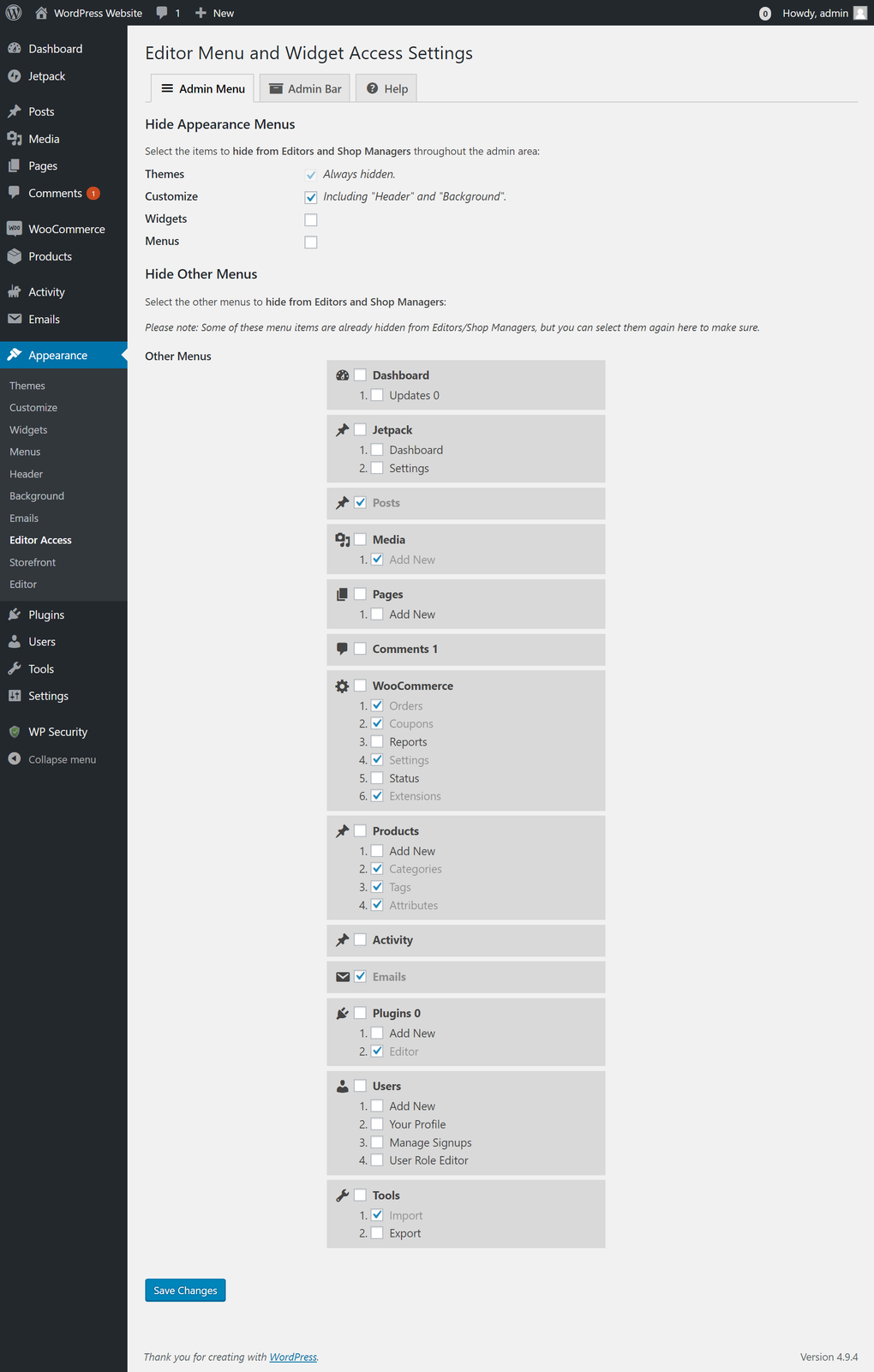 Editor Menu and Widget Access para WordPress - Descargar