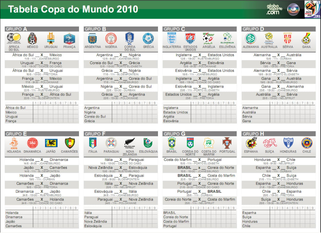 Mega Rio Preto » Tabela dos Jogos da Copa do Mundo 2010 – Excel