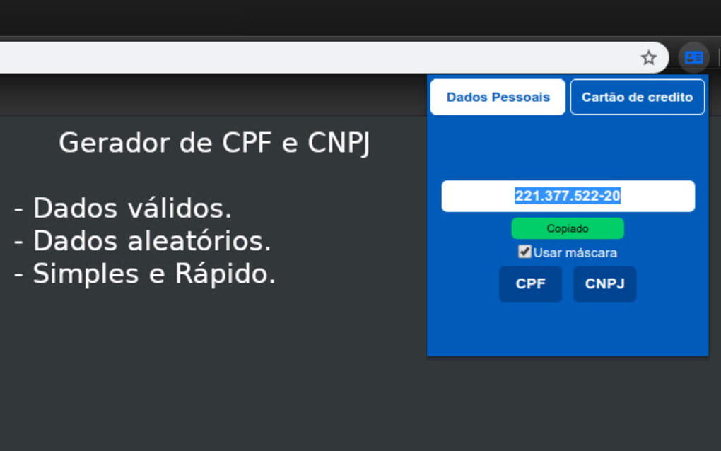 Gerador de CPF, CPNJ e Cartão for Google Chrome - Extension Download