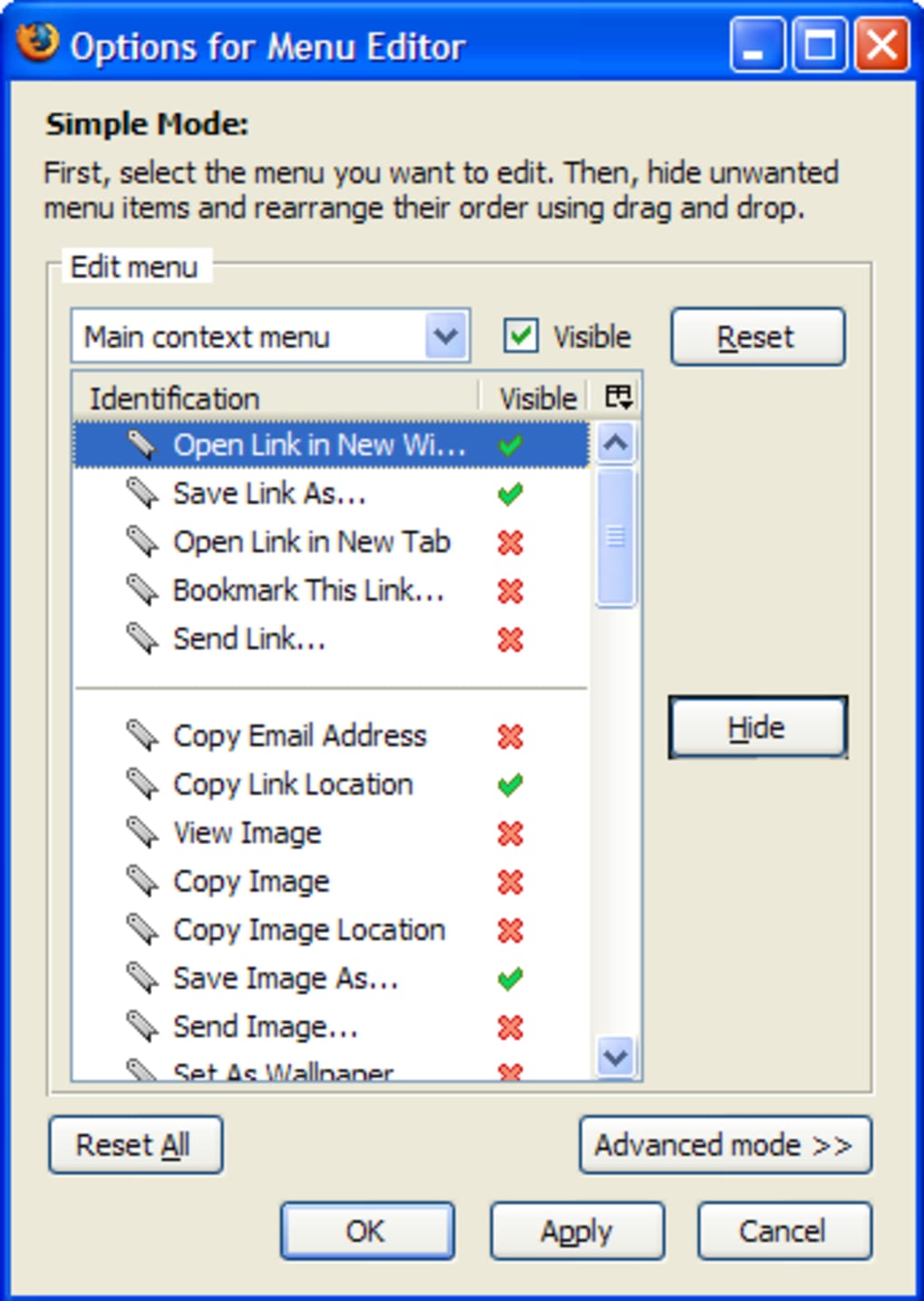 Context menu Editor. Simple Editor. MENUEDITOR 1.0.3.122. Simple edit
