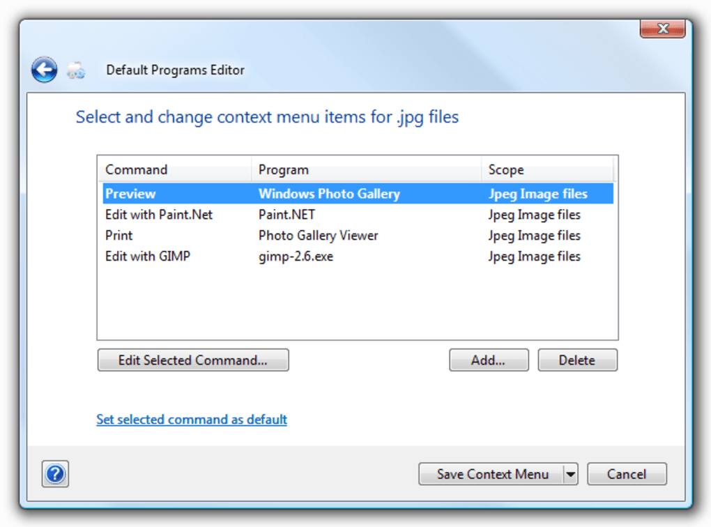 Edit program. Windows Edit menu. Context menu Editor. Default programfiles.