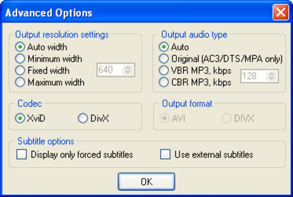 Auto Gordian Knot. Advanced option > Resolution. VBR или CBR. Subtitles formats. Fixed width