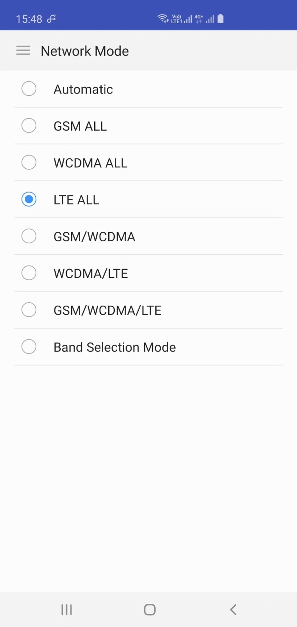 Mode Network. Меню на телефоне Samsung Band selection.