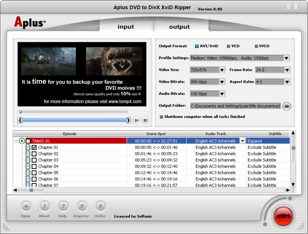 pluma Orden alfabetico A escala nacional Aplus DVD to Divx Xvid Ripper - Descargar