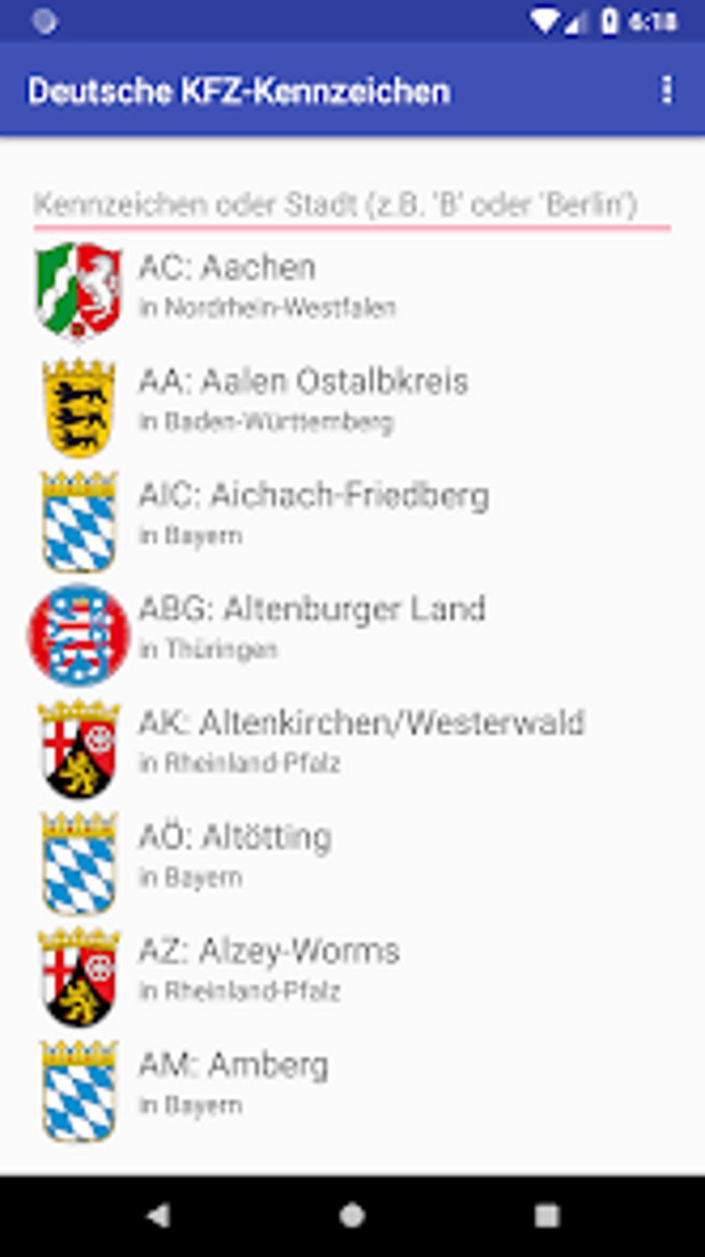 Deutsche KFZ Kennzeichen für Android - Download