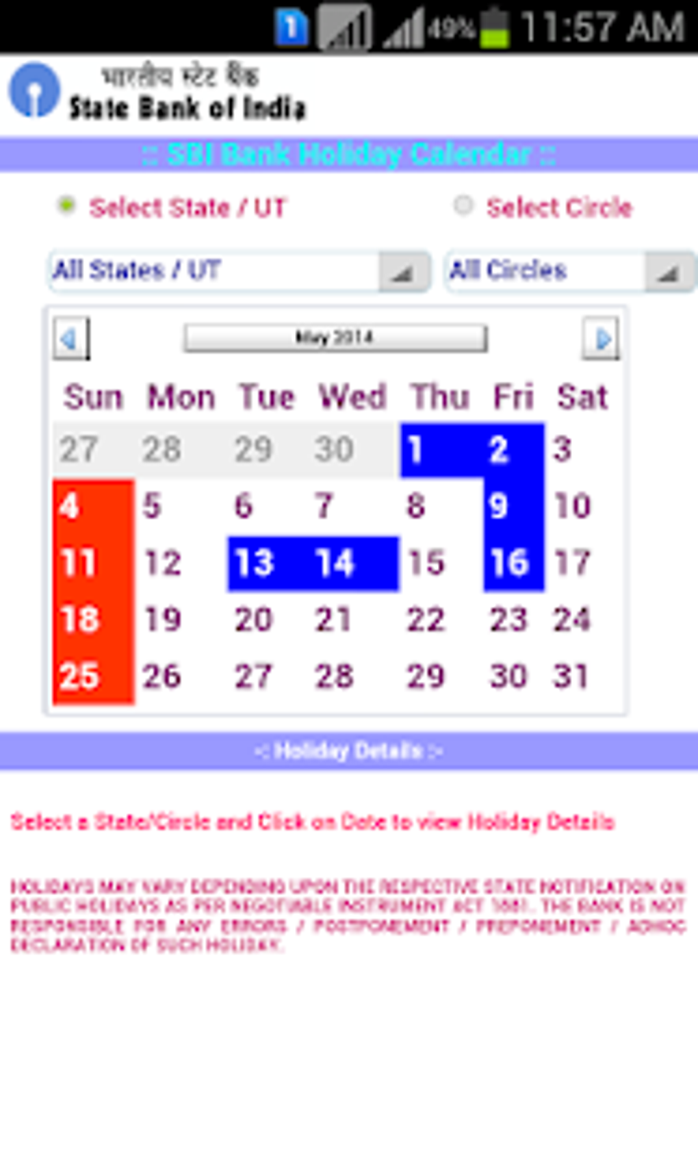 Android için SBI Bank Holiday Calendar İndir