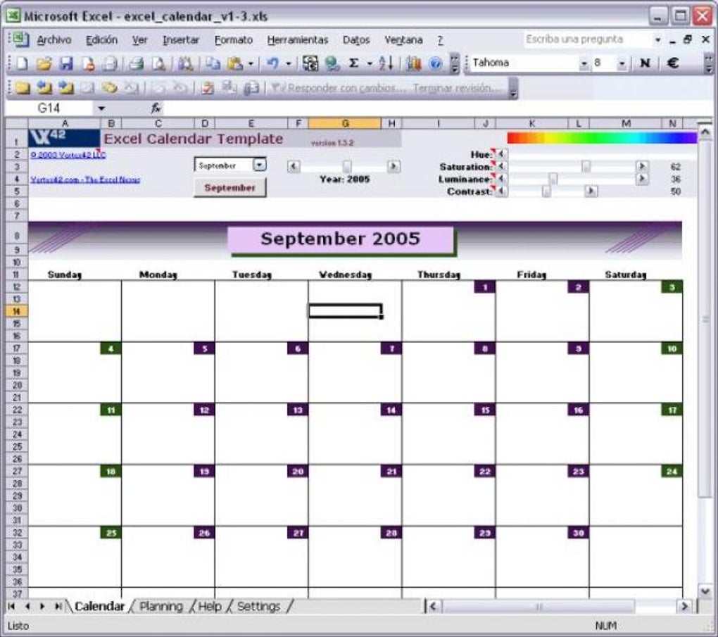 Excel Calendar Template Descargar