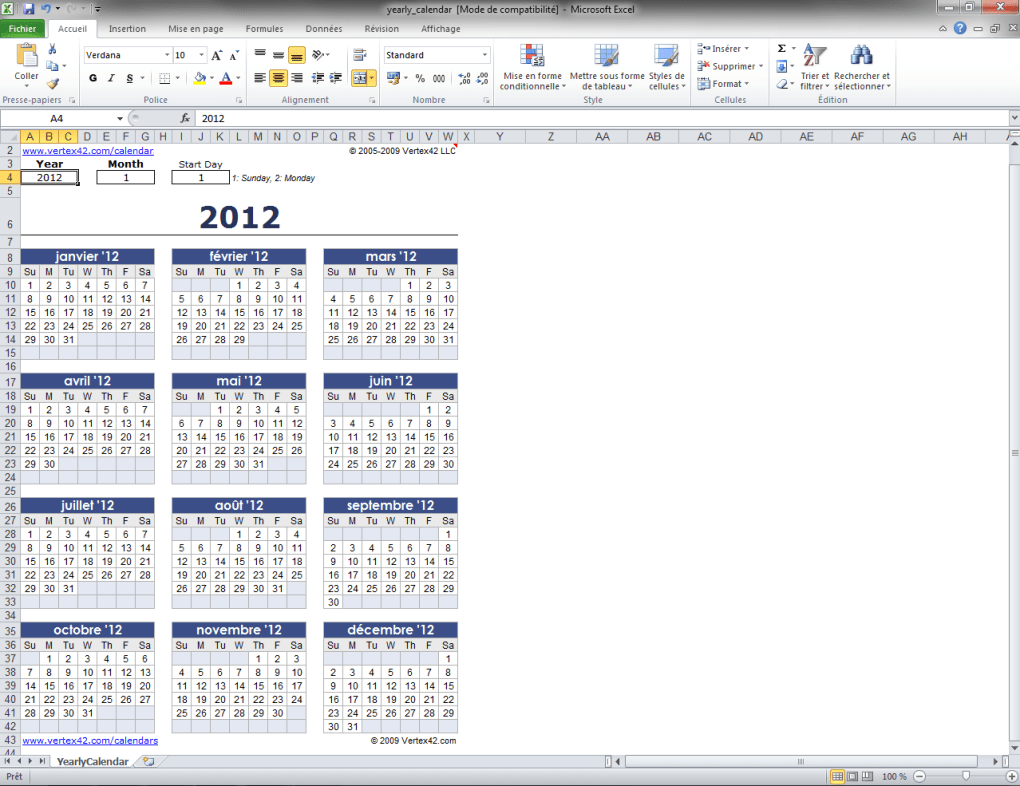 Modèle de Calendrier Excel annuel - Télécharger
