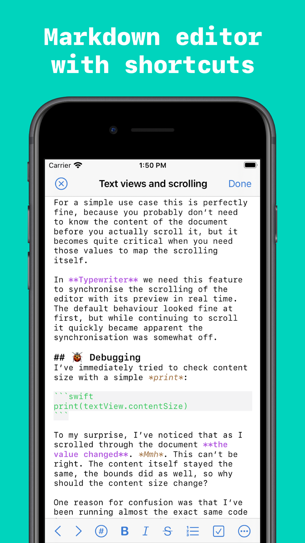 Iphone i in typewriter for markdown ndir