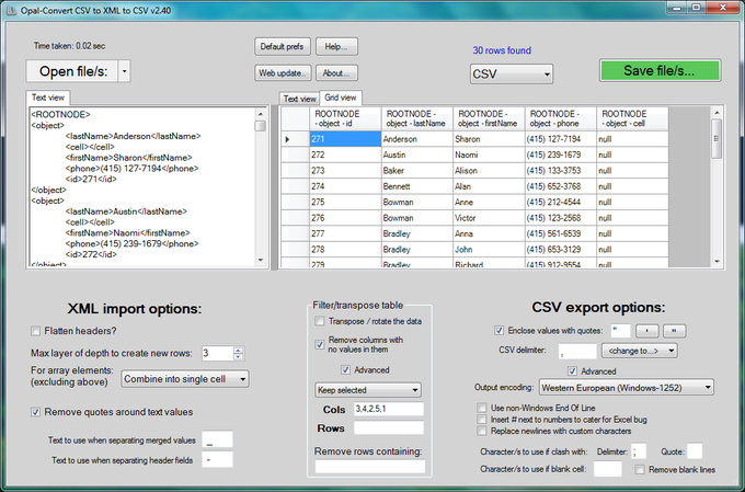 opal convert xml to csv to xml download