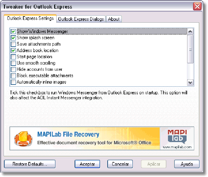 Tweaker for Outlook Express Tweaker for Outlook Express