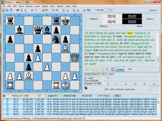 ARENA CHESS GUI - ANALYZING GAMES, AUTOMATIC ANALYSIS 