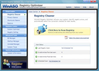 Главный экран Registry Cleaner в WinASO Registry Optimizer