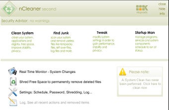 Главный экран nCleaner Second Generation с разделами Clean System, Find Junk, Tweak и Startup Man