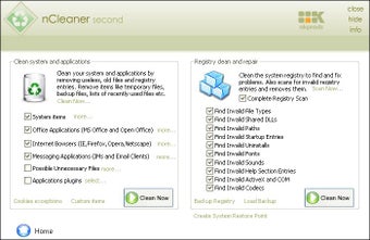 Раздел Clean System в nCleaner с блоками очистки системы и реестра