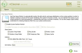Real Time System Monitor в nCleaner с настройками Free Space Monitor и Clean Now