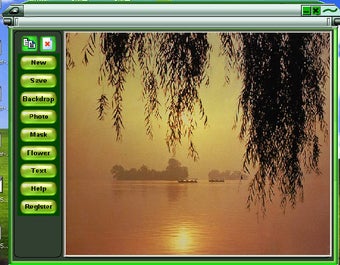 Рабочее окно Magic Photo Editor с вертикальными кнопками New, Save, Backdrop, Photo, Mask, Flower и Text