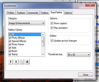 Диалог Customize в Ulead PhotoImpact X3 с настройками EasyPalette и категориями эффектов