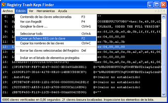 Контекстное меню Registry Trash Keys Finder с командами создания REG-файла и удаления записей
