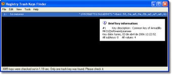 Главное окно Registry Trash Keys Finder с найденной записью и блоком Brief key information