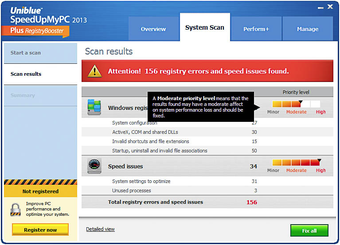 SpeedUpMyPC 2013 на вкладке System Scan с результатами, приоритетами Minor, Moderate, High, ссылкой Detailed view и кнопкой Fix all