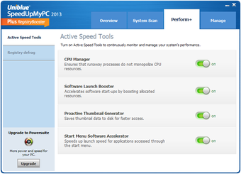 SpeedUpMyPC 2013, вкладка Perform+ с Active Speed Tools и переключателями CPU Manager, Software Launch Booster, Proactive Thumbnail Generator, Start Menu Software Accelerator