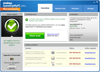 SpeedUpMyPC 2013 на вкладке Overview со статусом системы, кнопкой Start scan, блоком LiveUpdate и сведениями о версии