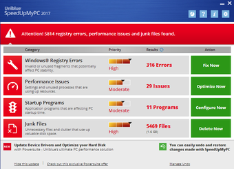 SpeedUpMyPC 2017 с результатами сканирования Windows Registry Errors, Performance Issues, Startup Programs и Junk Files