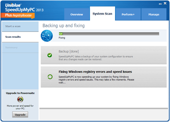 SpeedUpMyPC 2013 во время исправления: этап Backup done и Fixing Windows registry errors and speed issues