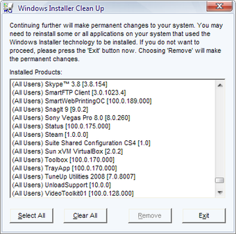 Окно Windows Installer CleanUp Utility со списком Installed Products и кнопками Select All, Clear All, Remove, Exit