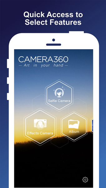 Стартовый экран Camera360 с быстрым доступом к Selfie Camera, Effects Camera и Album