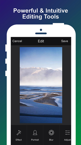 Экран редактирования Camera360 с верхними командами Cancel, Edit и Save