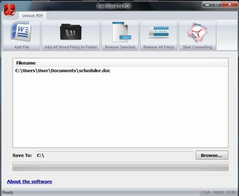 Окно Free Word to PDF Converter со списком Word-документов и выбором папки Save To