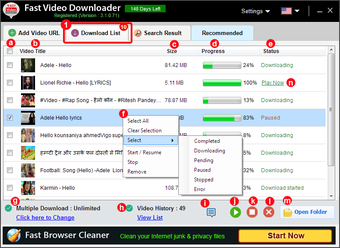 Fast Video Downloader: вкладка Download List со списком роликов, прогрессом и контекстным меню управления загрузками