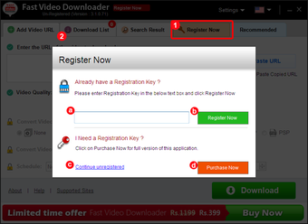 Fast Video Downloader: окно Register Now для ввода регистрационного кода