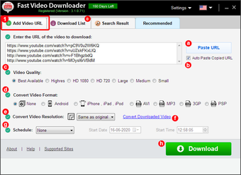 Fast Video Downloader: главное окно с вкладкой Add Video URL, выбором качества, форматов и кнопкой Download