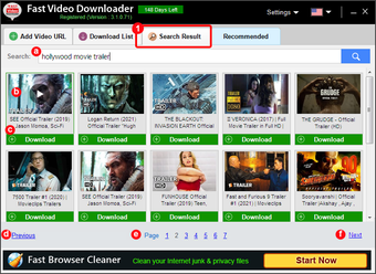 Fast Video Downloader: вкладка Search Result со встроенным поиском и зелёными кнопками Download под роликами