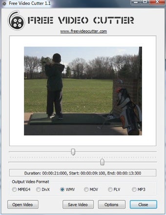 Free Video Cutter с загруженным видео, выбранным форматом WMV и кнопками Open Video, Save Video, Options, Close