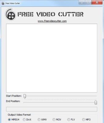 Пустое окно Free Video Cutter до загрузки ролика, с доступными форматами MPEG4, DivX, WMV, MOV, FLV и MP3
