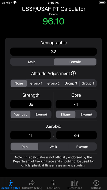 USSFUSAF PFA Calculator