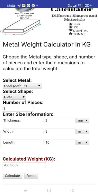 Metal Weight Calculator- Plate/Pipe/Bar/steel free