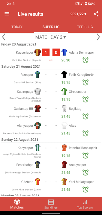 Live Scores for Super Lig 20212022
