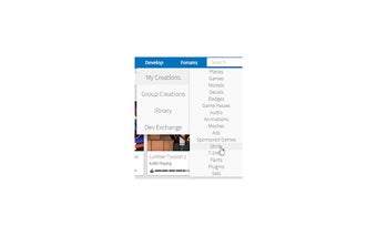 Roblox Catalog and Develop dropdown menu