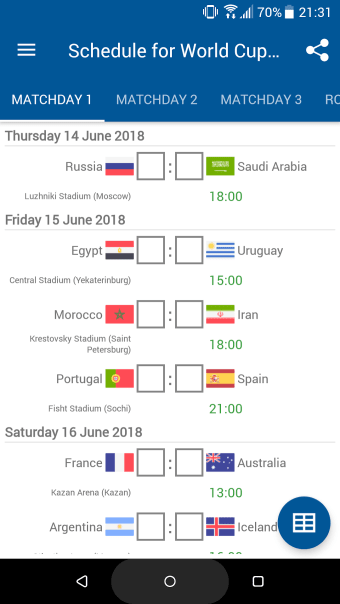 Schedule for World Cup 2018 Ru
