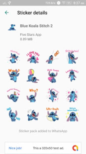 Cute Blue Koala Stitch Stickers for WhatsApp