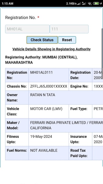 Vehicle registration details