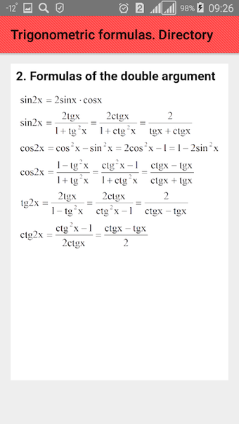 Trigonometric formulas. Directory